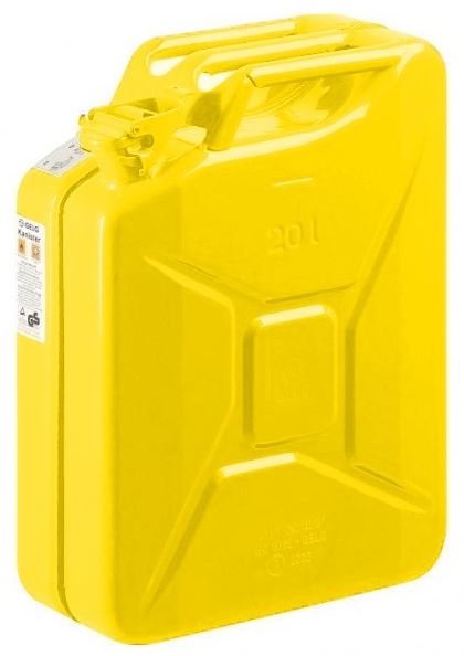Gele stalen Jerry Can met inhoud van 20 liter