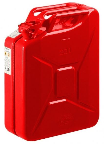 Rode stalen Jerry Can met inhoud van 20 liter